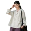 Algodón cáñamo mujer nuevo estilo literario vintage manga larga con capucha sudadera suelta casual lijado lino top blusa Item Picture